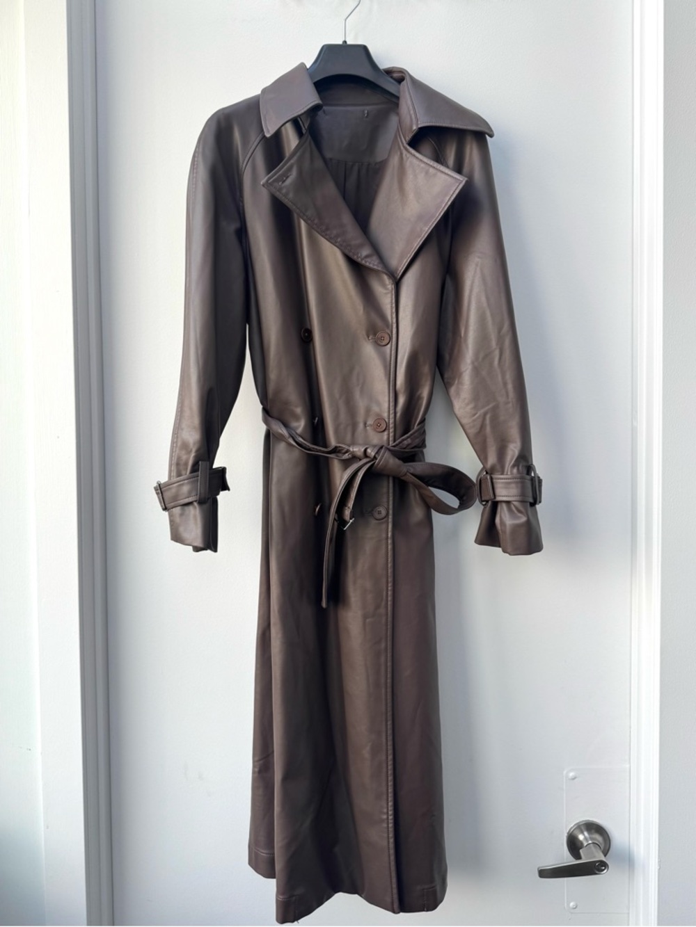 OAK + FORT Brown Vegan Leather Trench Coat with Belt